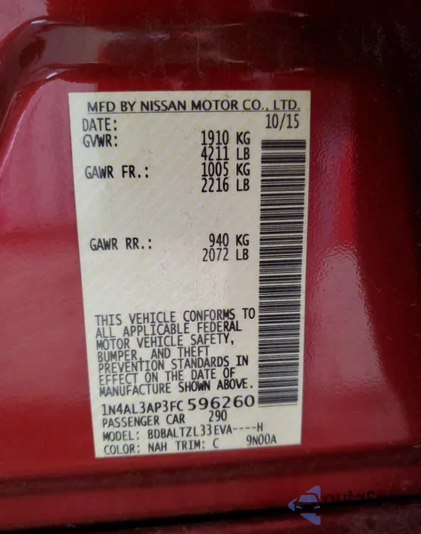 2015 Nissan Altima 2.5 из США, поврежденный, VIN 1N4AL3AP3FC596260